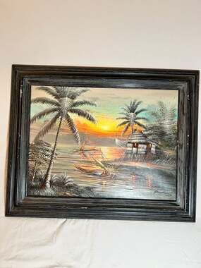 Vintage Hand-Painted Oil on Canvas Tropical Sunset Seascape with Boats